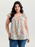 Bright Floral Print Flutter Sleeve Blouse