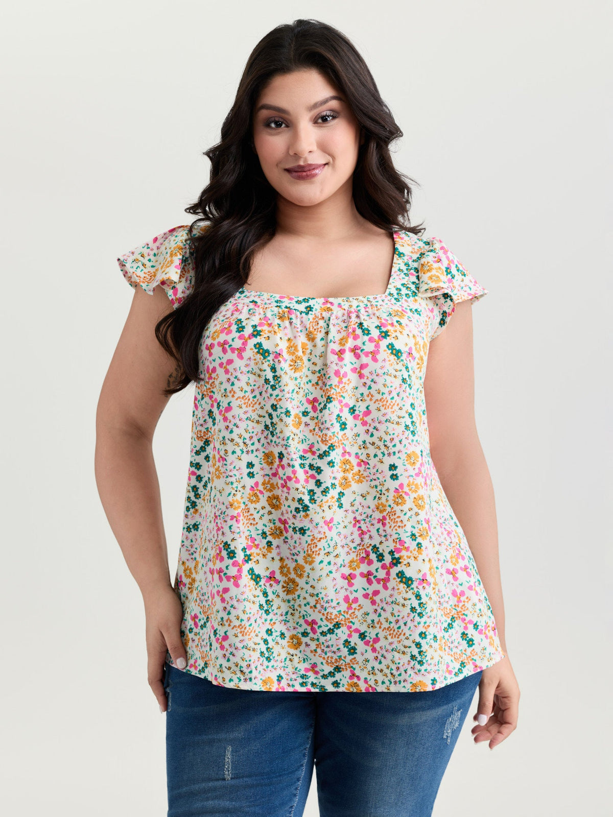 Bright Floral Print Flutter Sleeve Blouse
