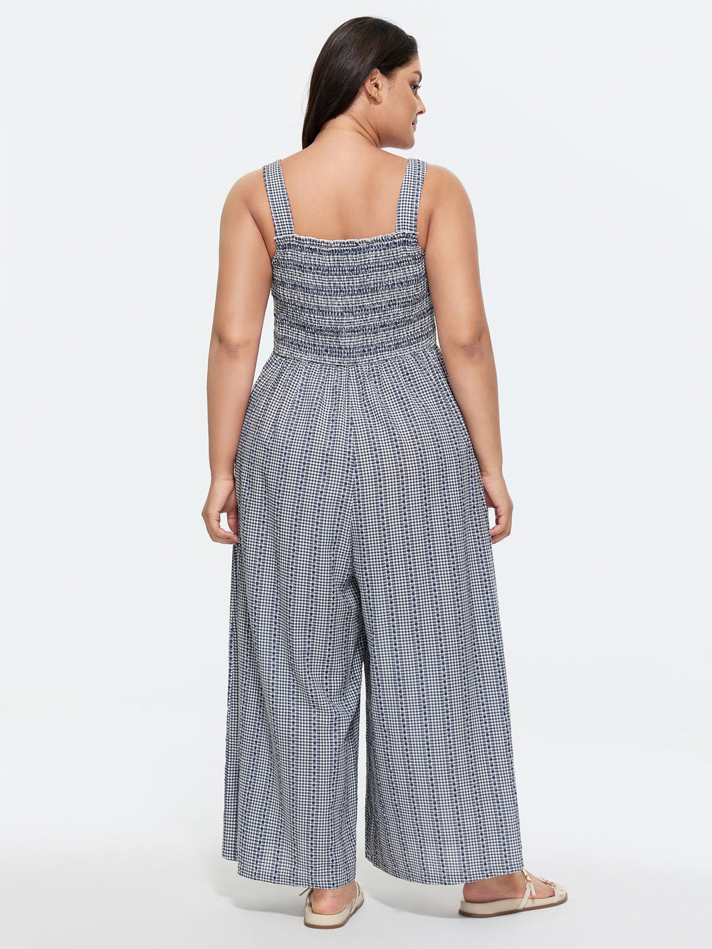Striped Print Shirred Wide-Straps Jumpsuit