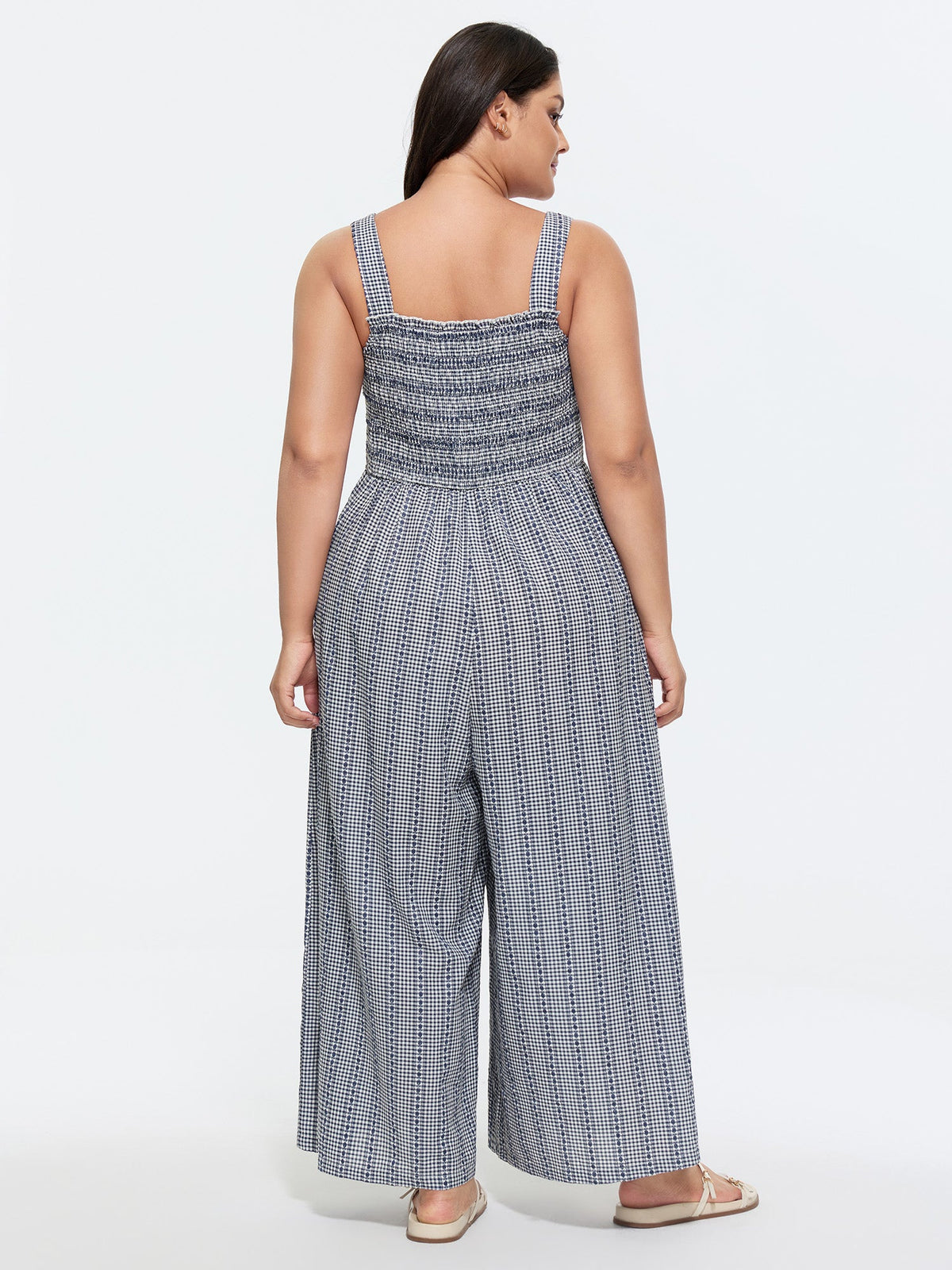Striped Print Shirred Wide-Straps Jumpsuit