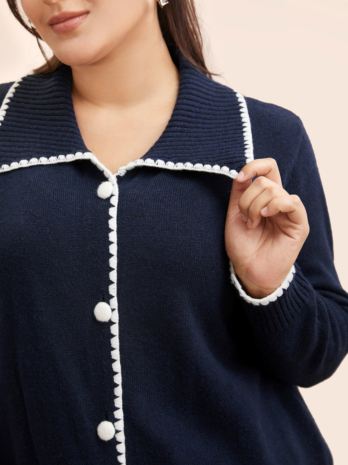 Lapel Collar Contrast Trim Cardigan