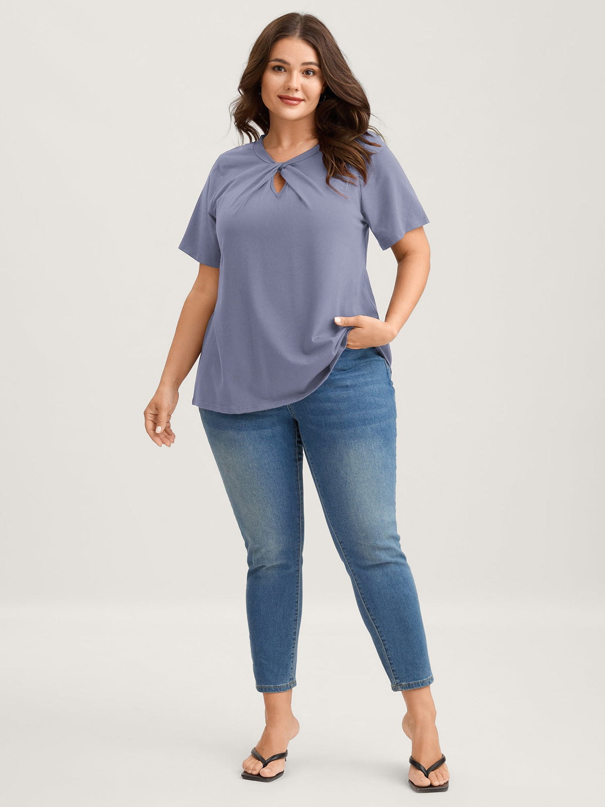 Knotted Cut-Out Neckline Solid T-Shirt