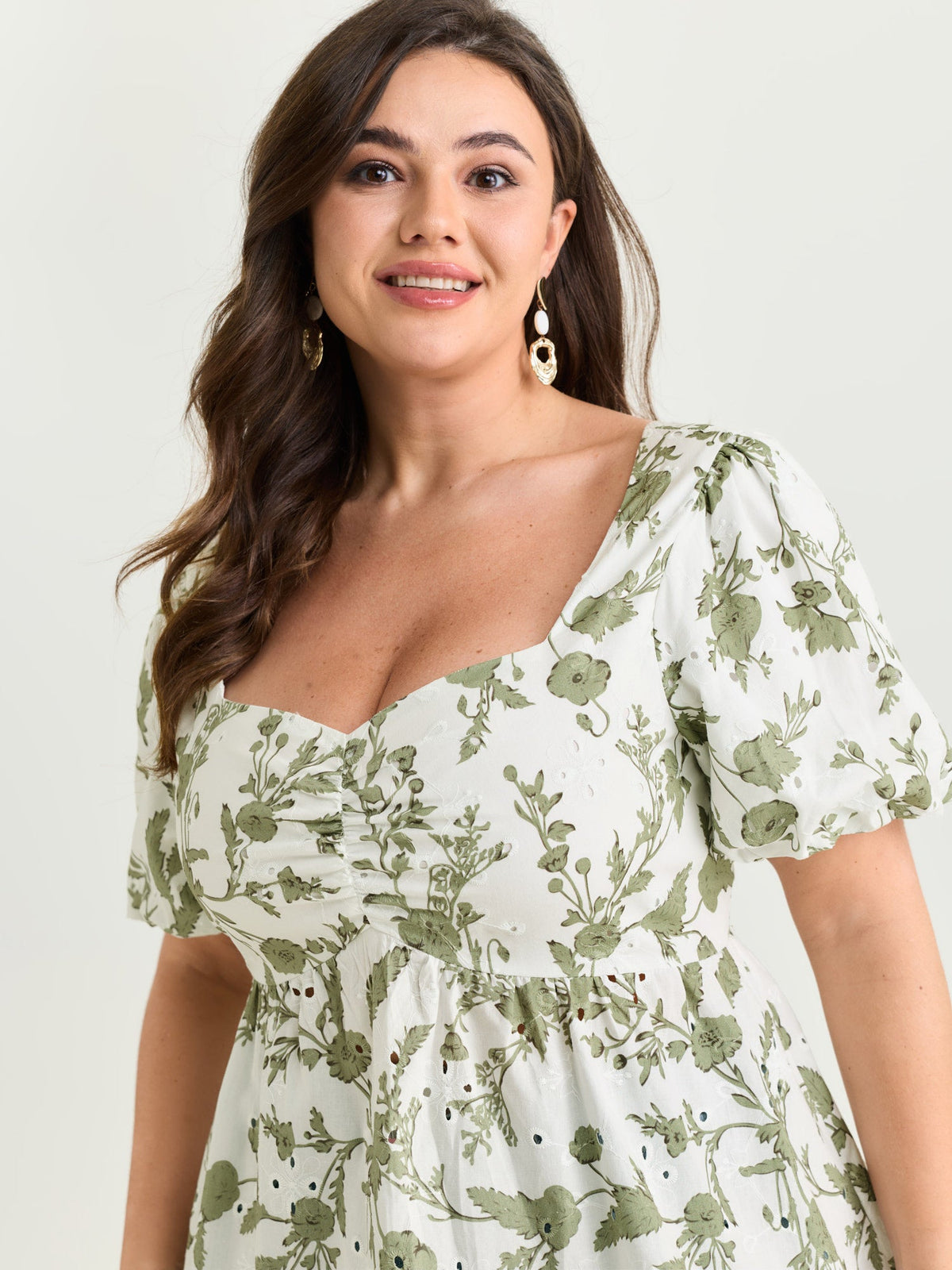Cotton Floral Print Ruched Bubble Sleeve Blouse