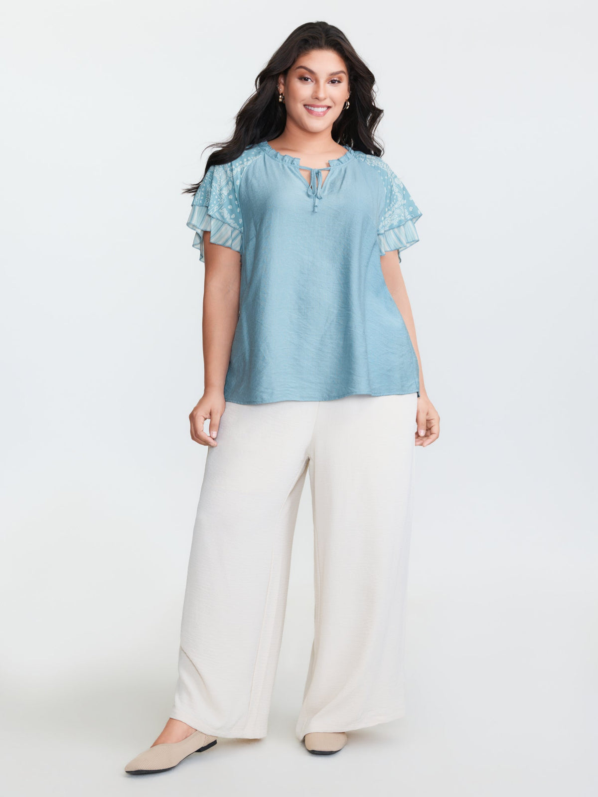 Rayon Color Contrast Ruffled Sleeve Blouse