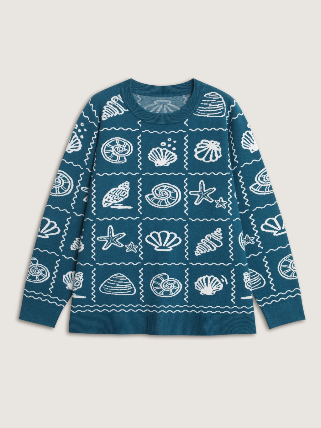 Ocean Pattern Jacquard Ribbed Hem Pullover