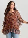 Boho Geometric Print Ruffled Sleeve Blouse