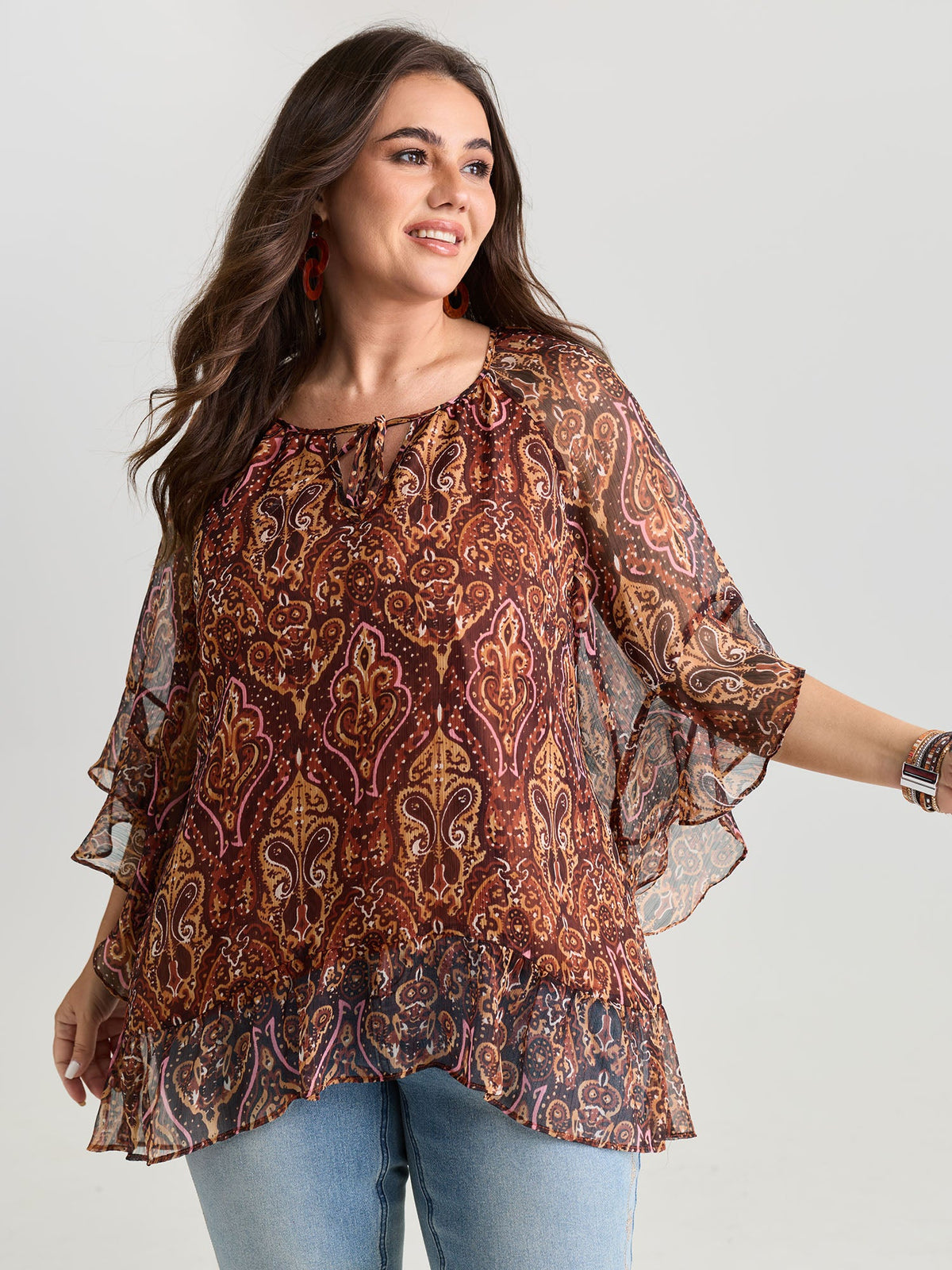 Boho Geometric Print Ruffled Sleeve Blouse