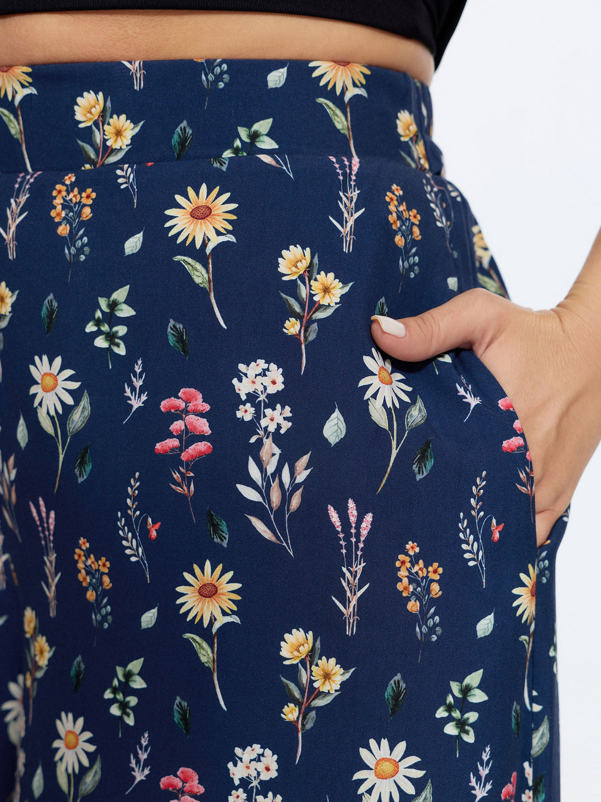 Ditsy Floral Print Stretchy Waist Wide Leg Pants