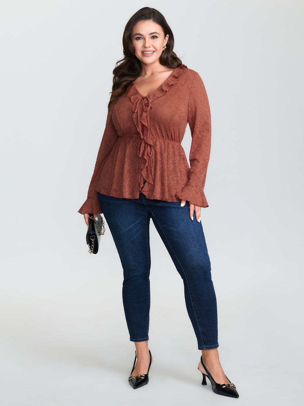 Ruffled Edge Lace Trim Tie Blouse