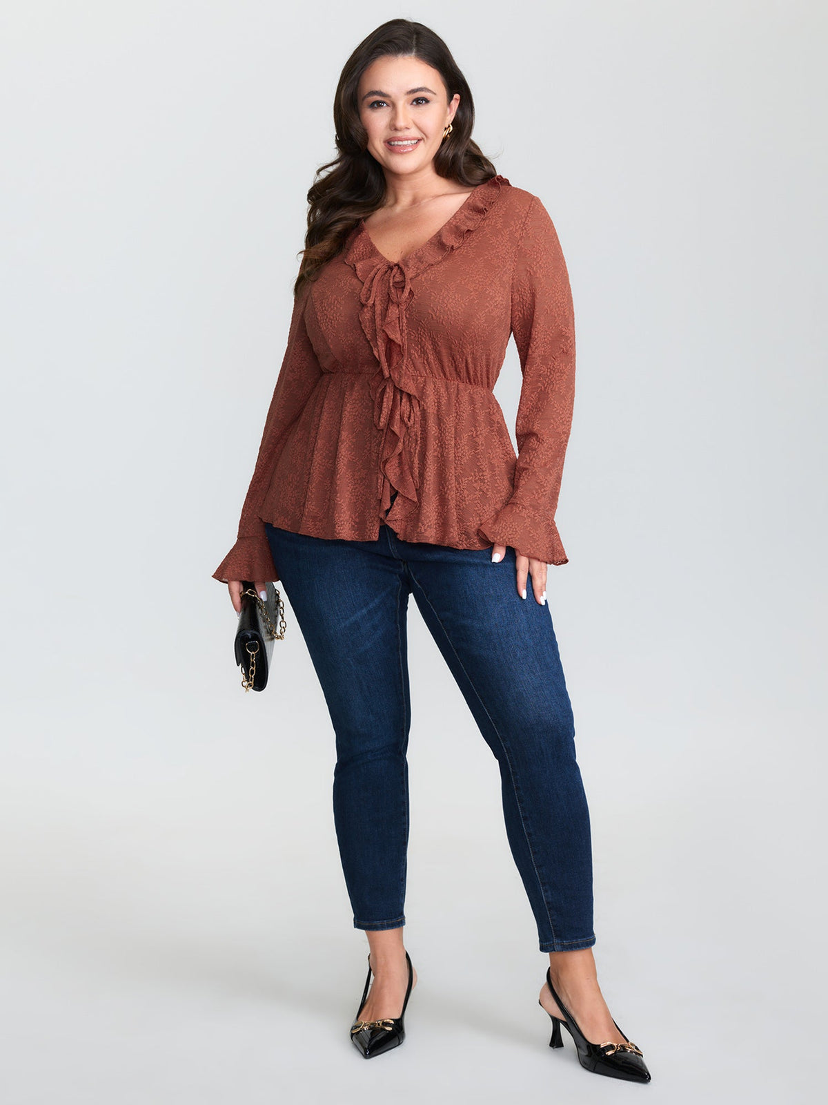 Ruffled Edge Lace Trim Tie Blouse