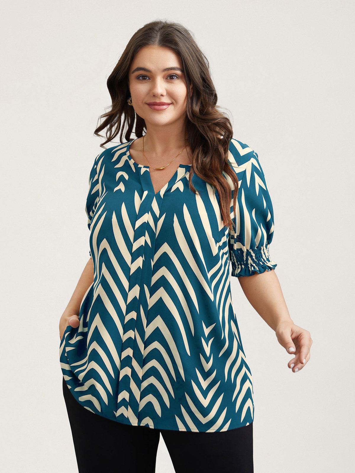 Geometric Print Ruffled Shirred Blouse