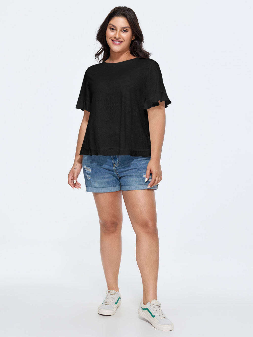 Cotton Overlap Back Sheer Ruffled T-Shirt