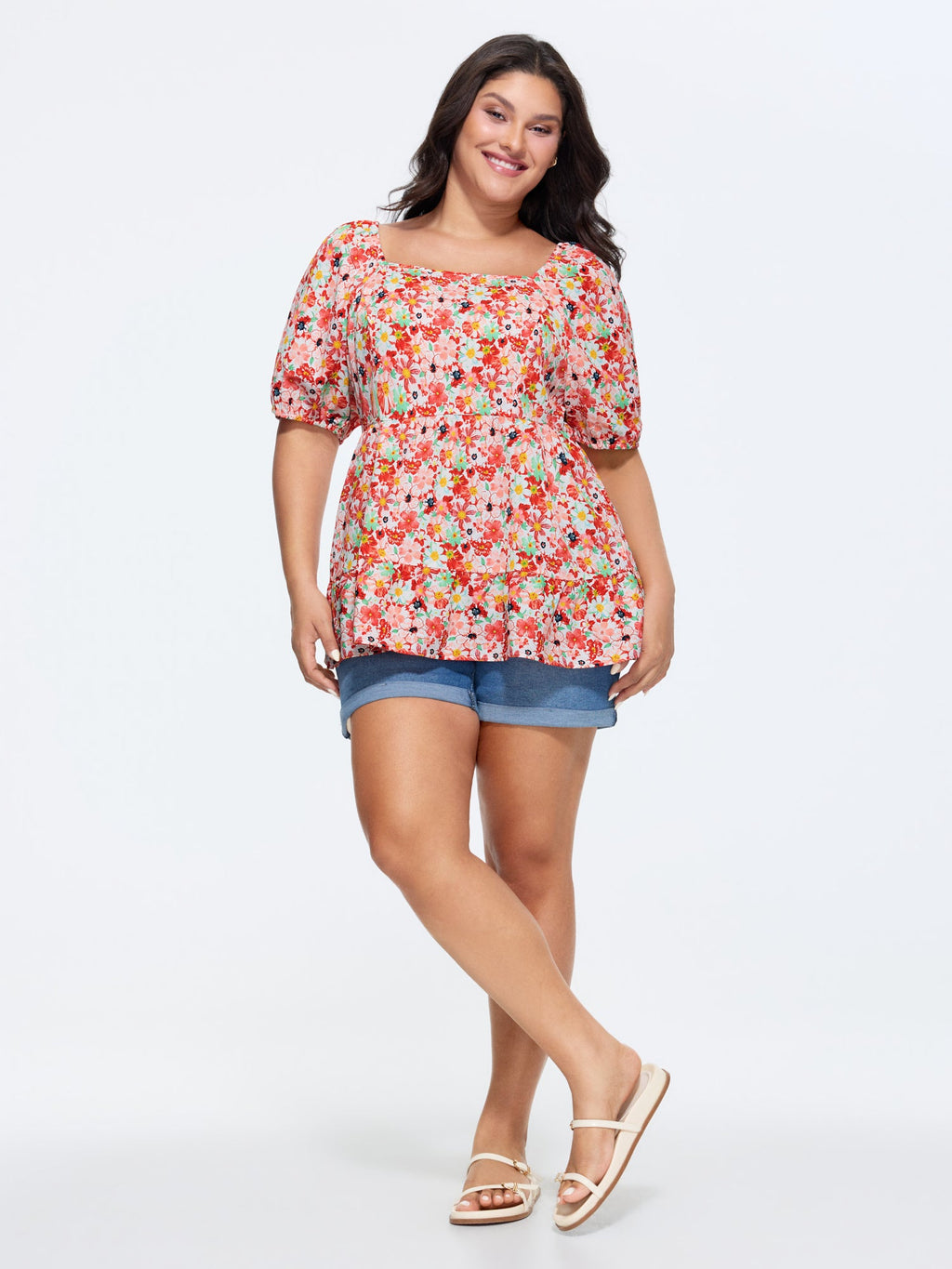 Floral Square Neck Fit and Flare Blouse