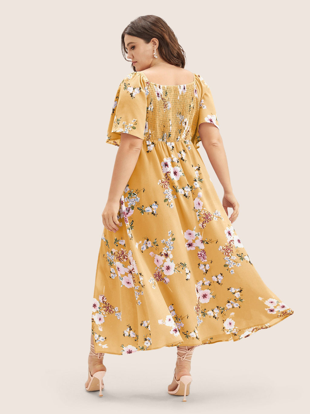 Floral Square Neck Ruffles Pocket Shirred Split Dress