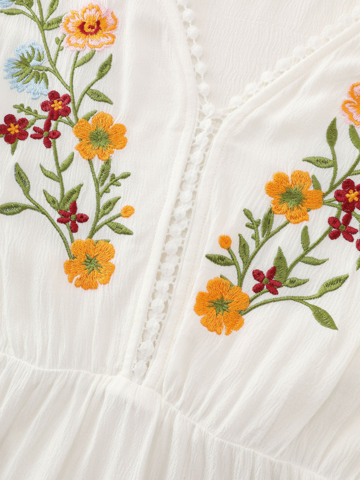 Floral Embroidered Neckline Flowy Blouse