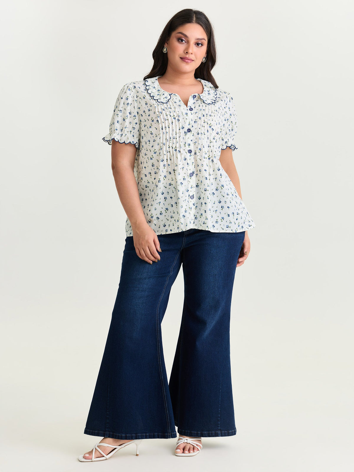 Floral Embroidery Pleated Button-Front Blouse