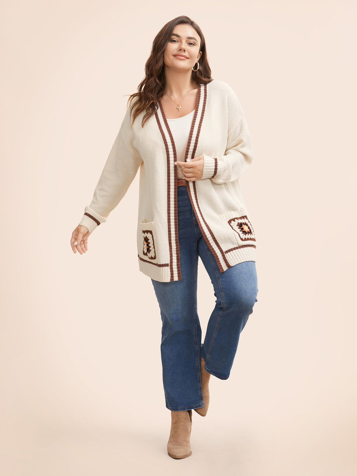 Crochet Floral Patch Pocket Drop Shoulder Cardigan