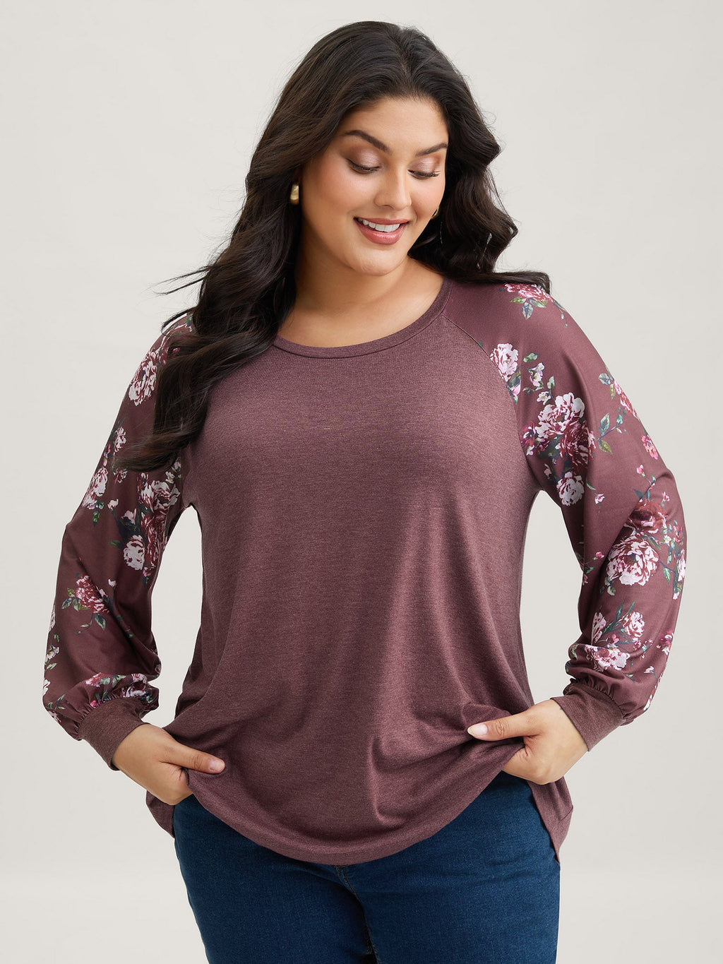 Floral Patchwork Crew Neck Raglan Sleeve T-shirt