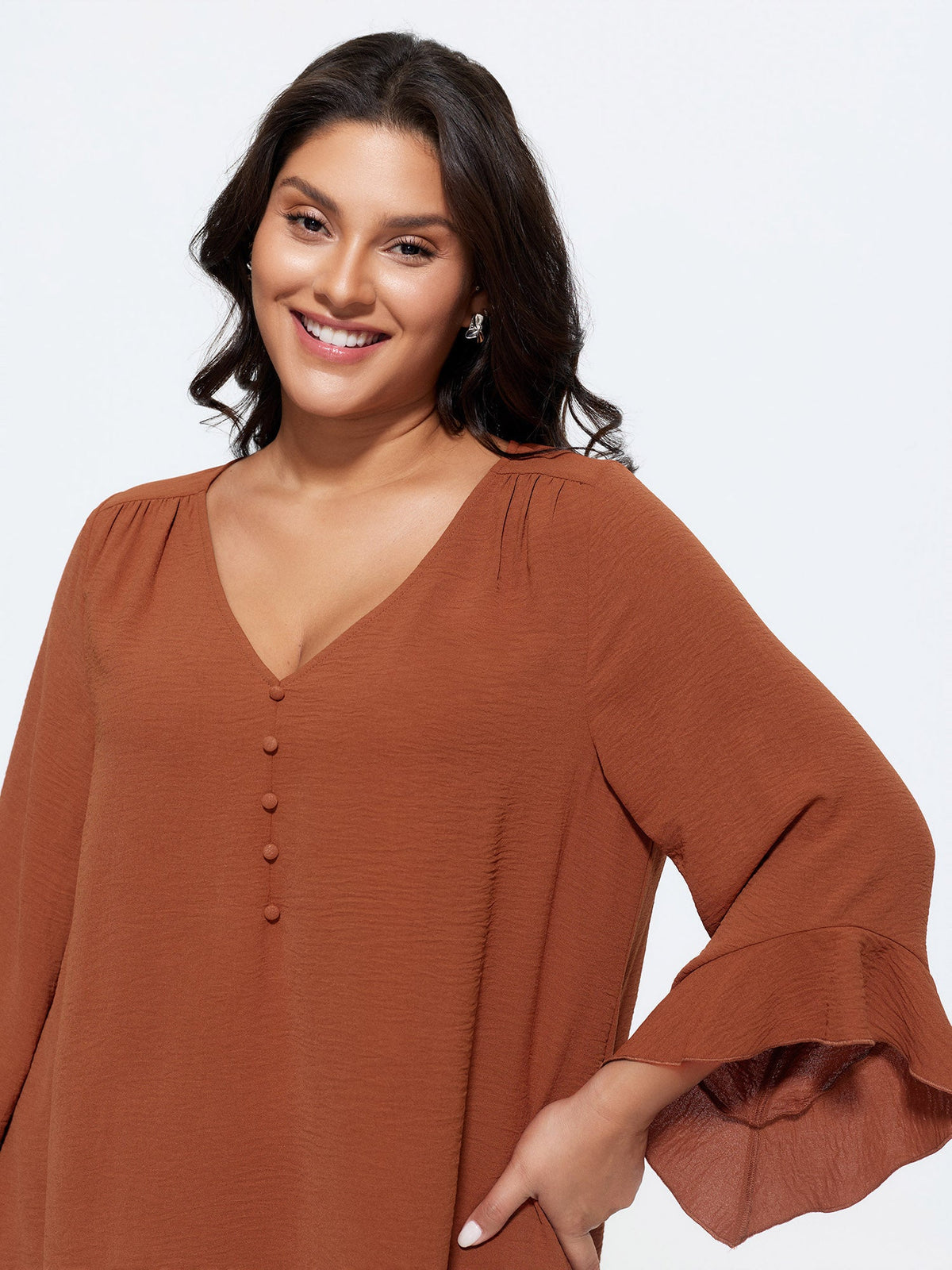Ruffled Flared Sleeve Plain Blouse