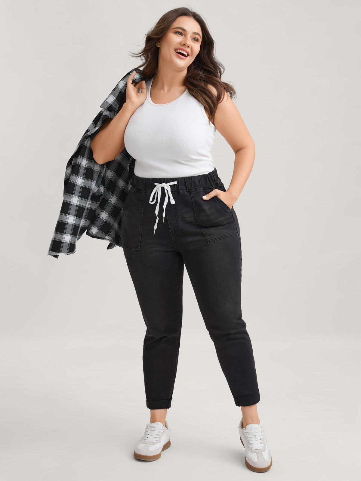 Pull-On Drawstring Folded Hem Boyfriend Jeans
