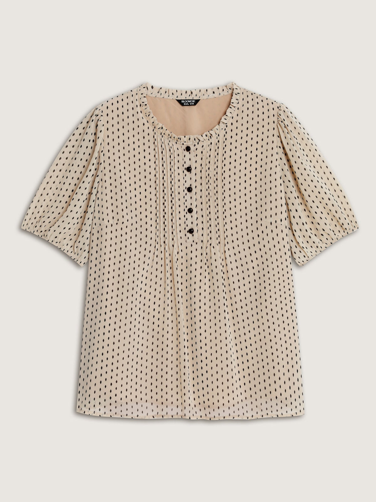 Geometric Print Pleated Ruffled Neck Blouse