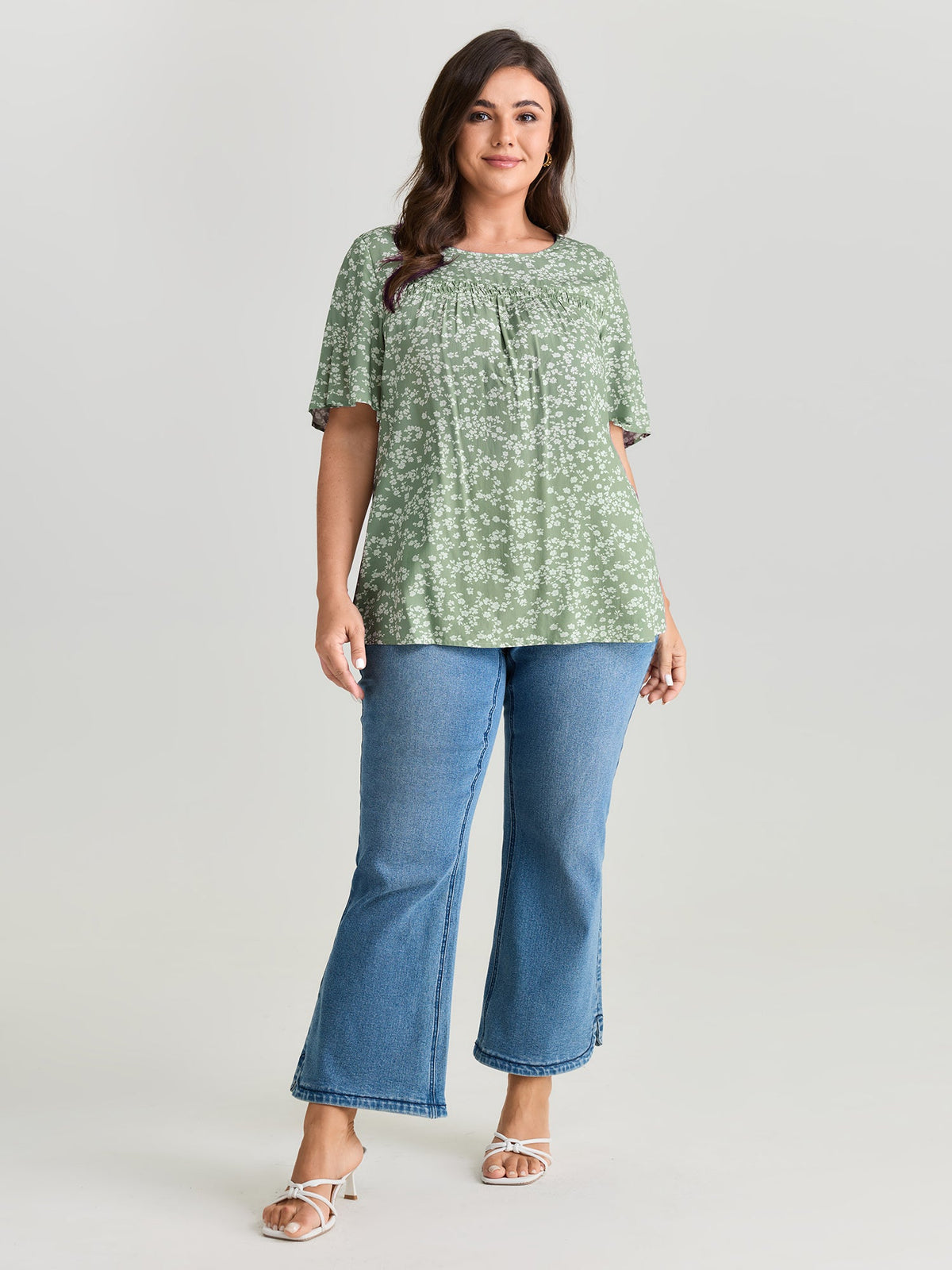 Floral Ruffle Sleeve Gathered Round Neck Blouse