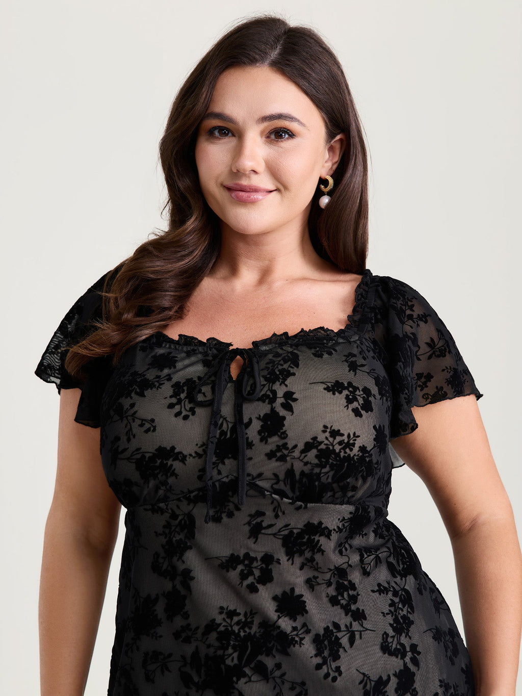 Flocked Floral Drawstring Neckline Knit Top