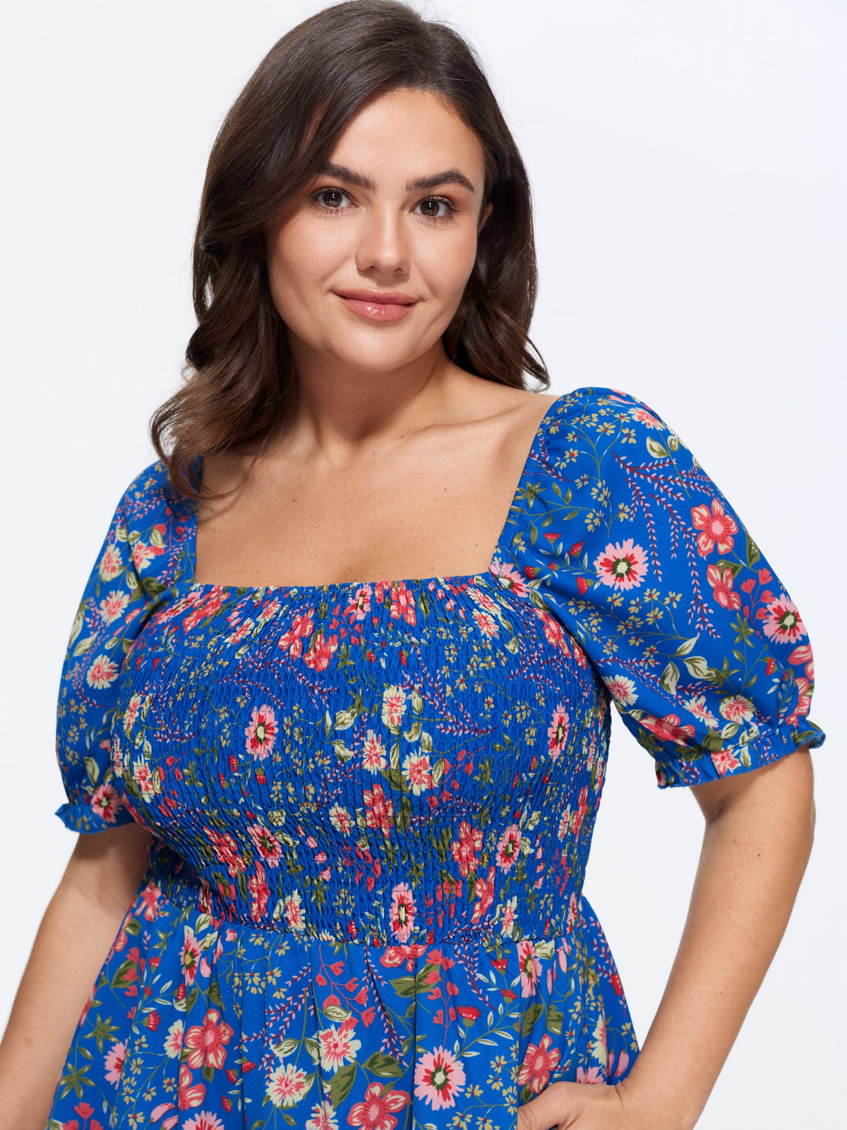 Shirred Floral Print Pockets Maxi Dress