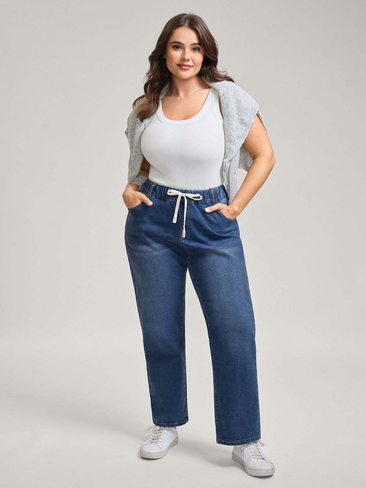 Pull-On Drawstring Straight-Leg Jeans
