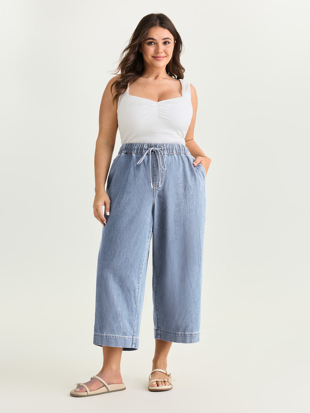 Elastic Drawstring Waistband Wide-Leg Jeans