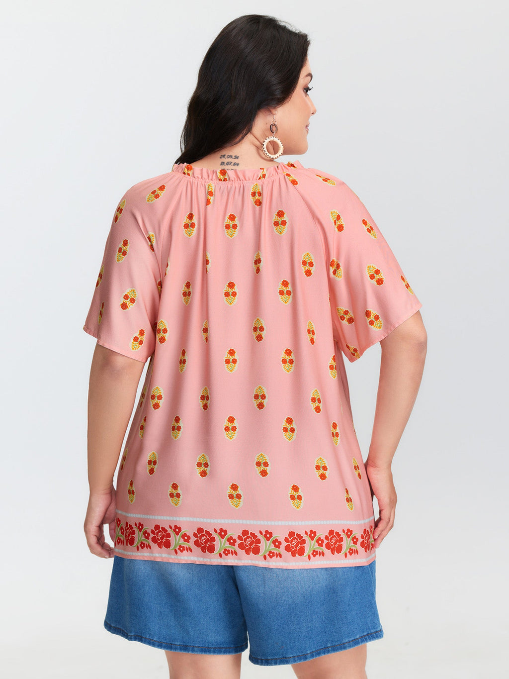 Floral Print Drawstring Neckline Flowy Blouse