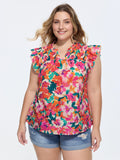 Cotton Vibrant Floral Print Flutter Sleeve Blouse