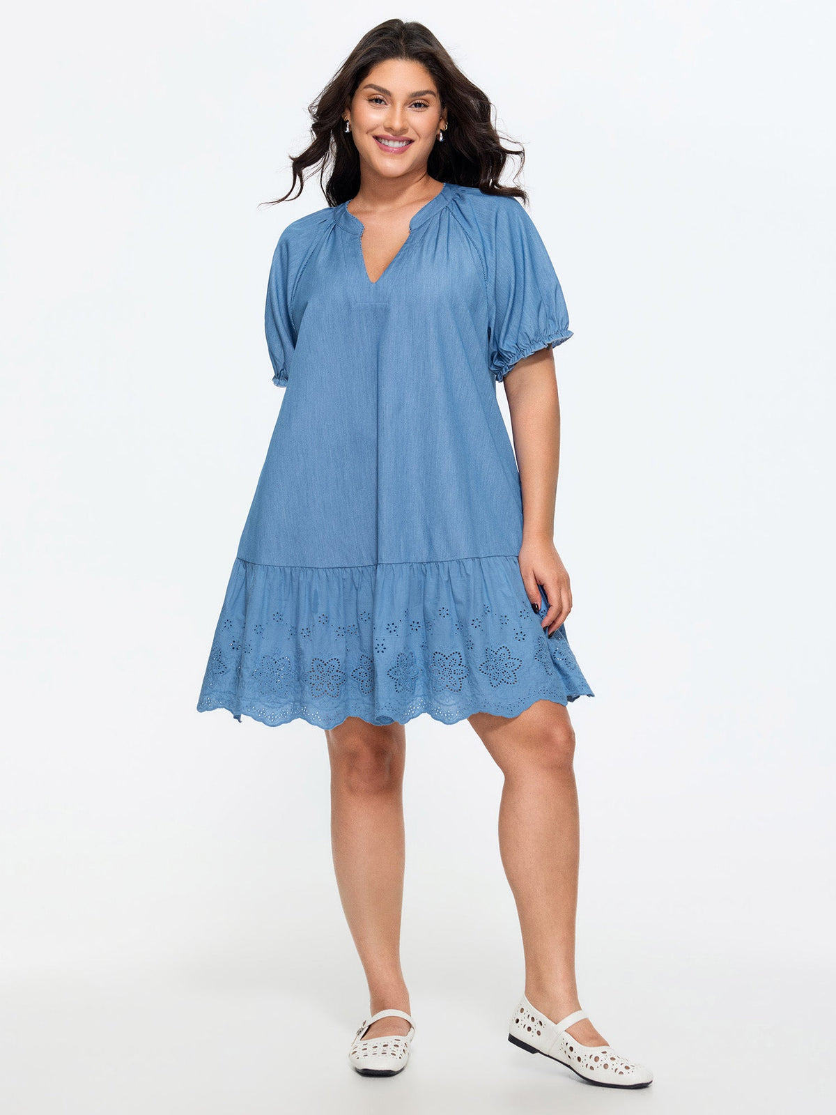 Ruffled Hem Notched Collar Faux Denim Mini Dress