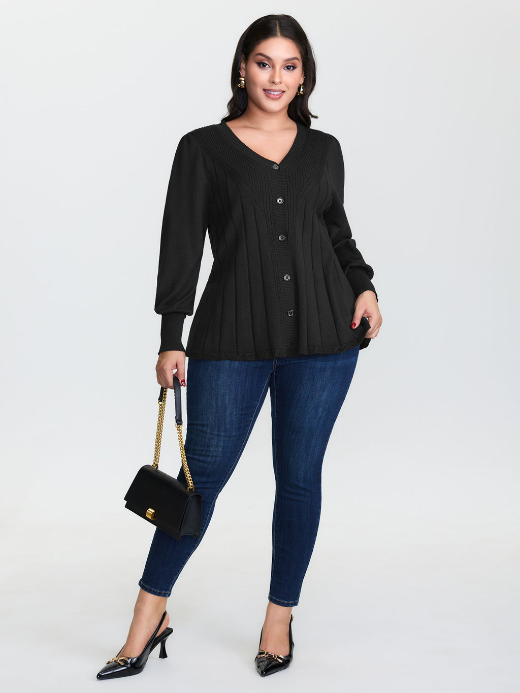 Textured A-Shaped Hem Lantern Sleeve Knit Cardigan