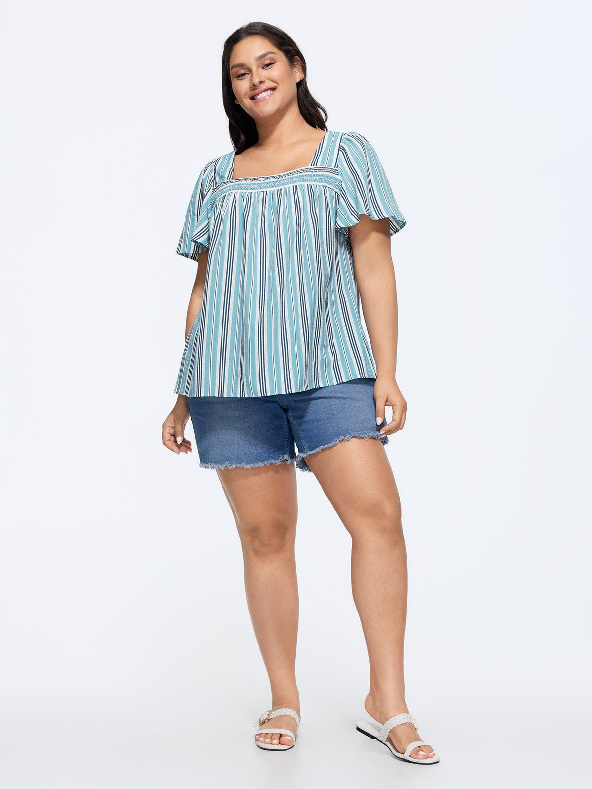 Striped Print Shirred Neckline Blouse