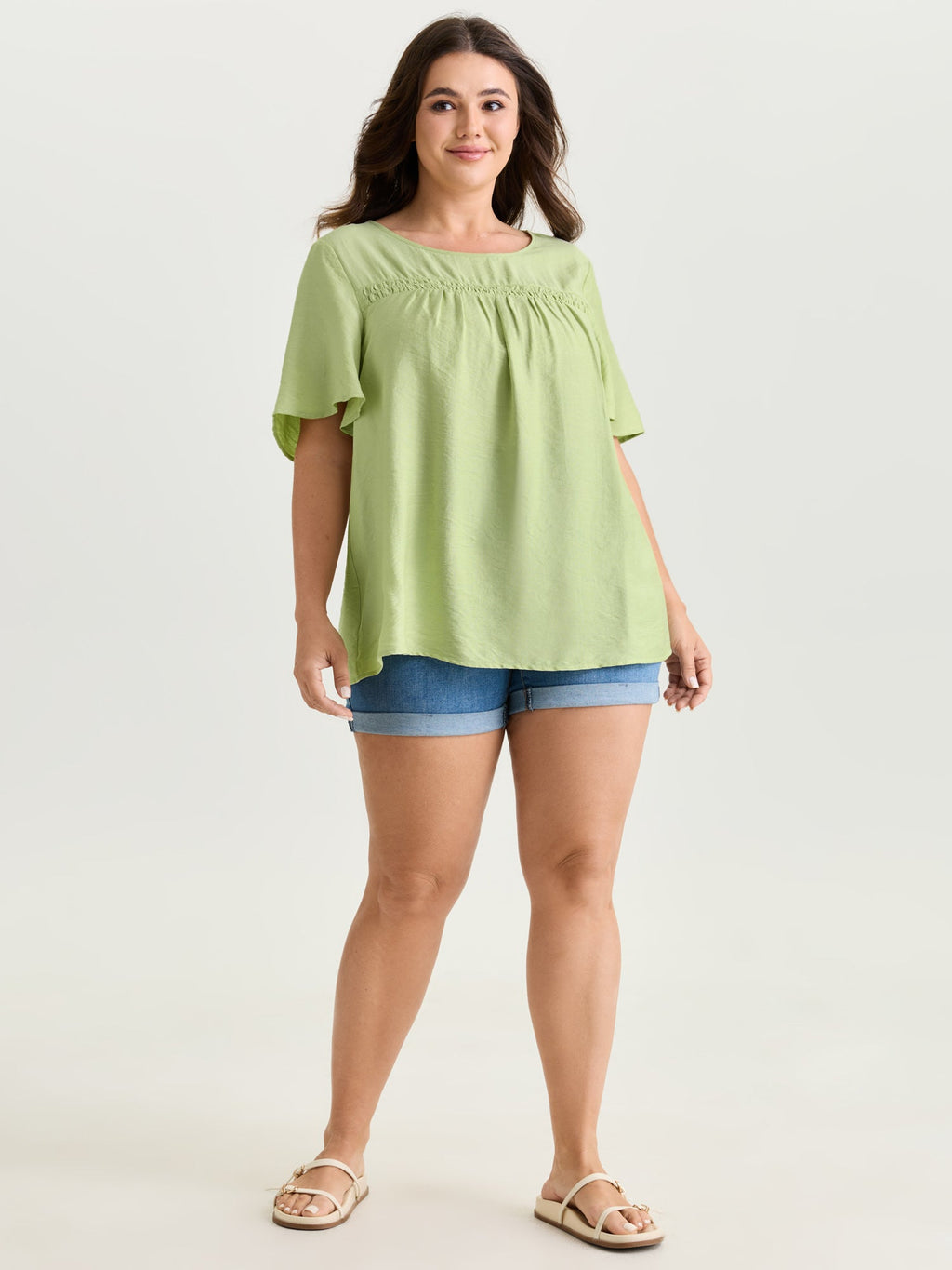 Ruffle Sleeve Gathered Round Neck Blouse