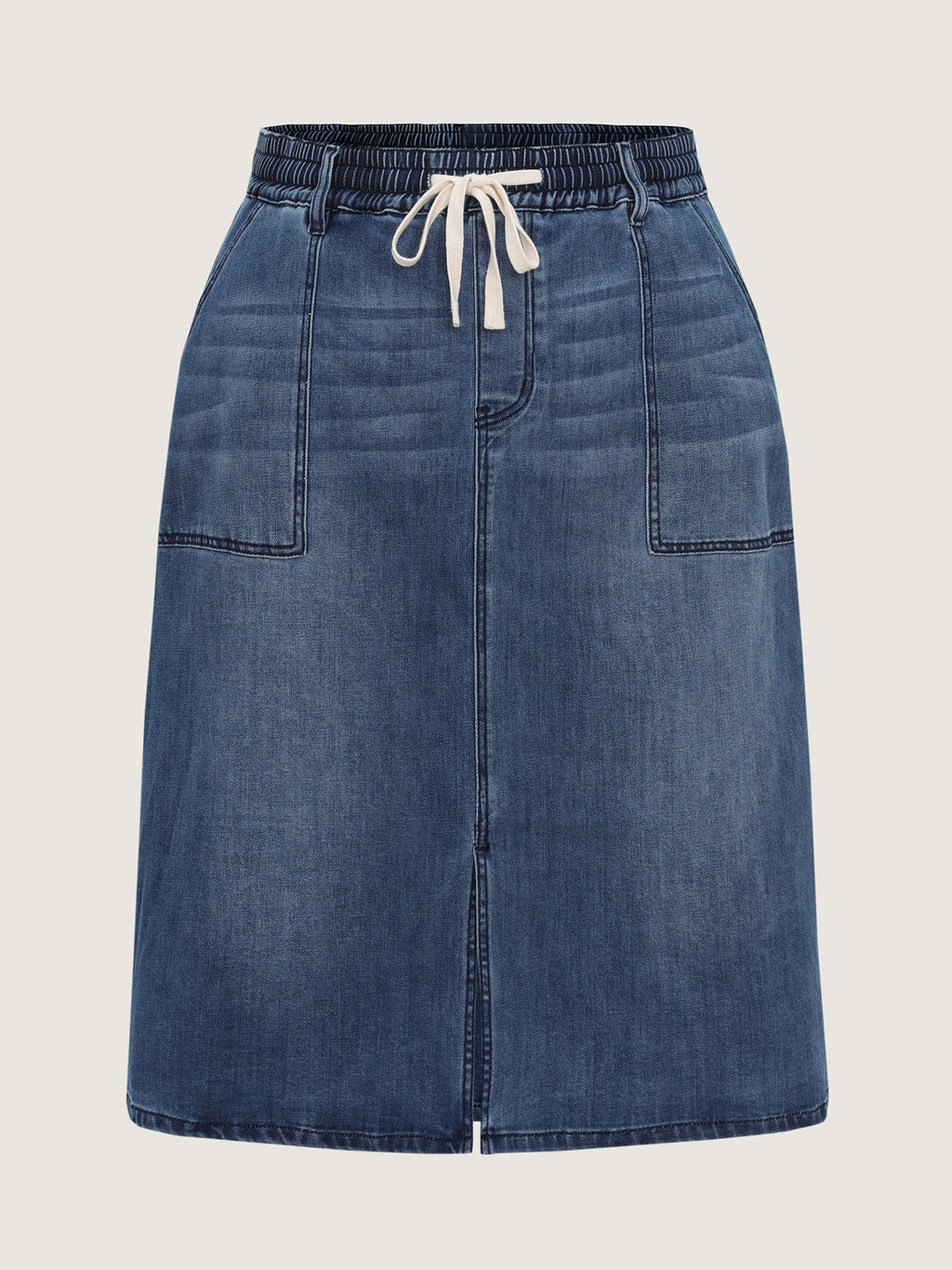 Stretchy Contrast Drawstring Waist Midi Denim Skirt