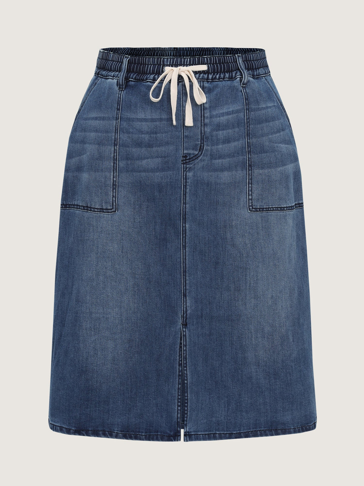 Stretchy Contrast Drawstring Waist Midi Denim Skirt