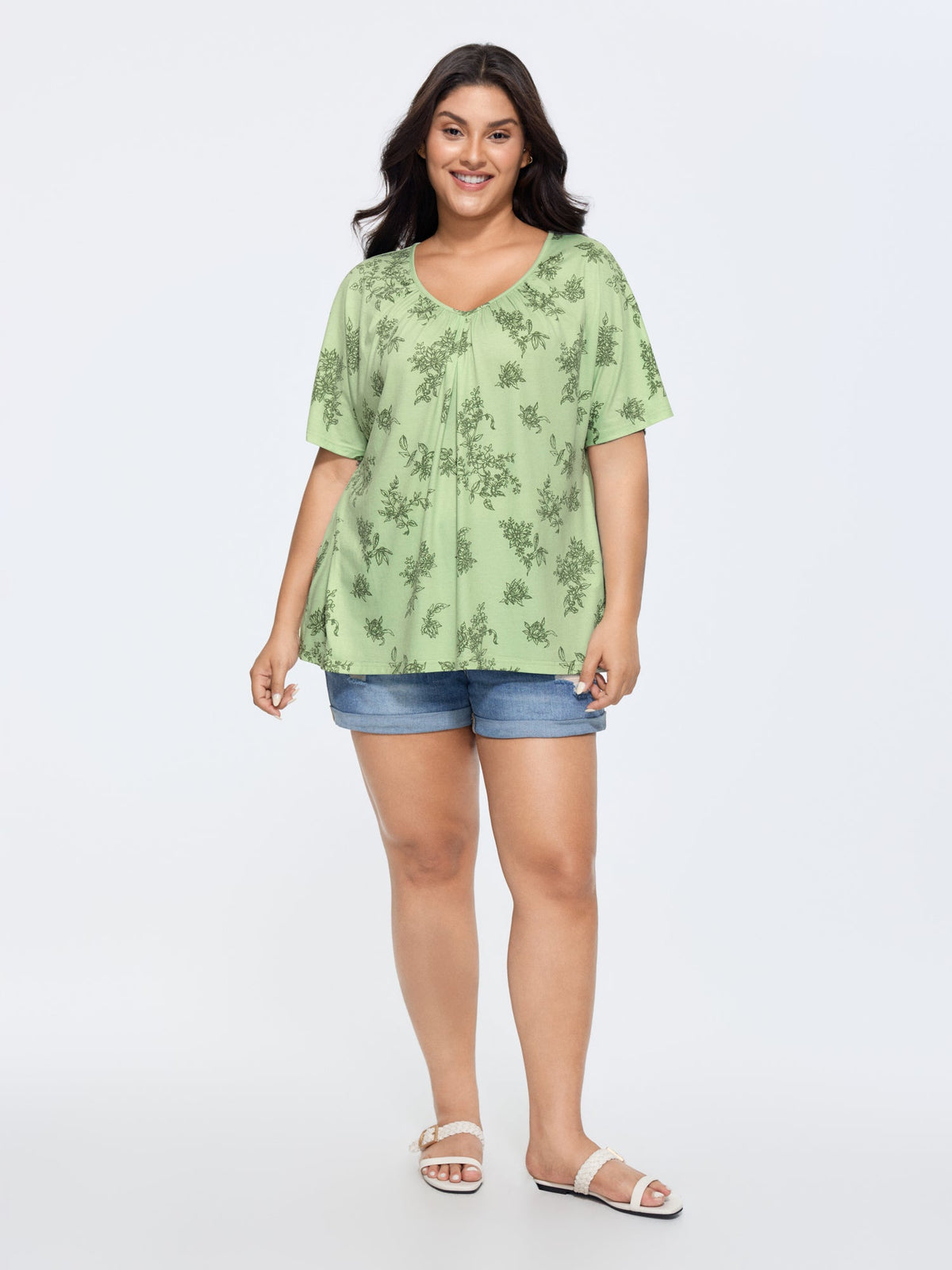 Pleated Plain Half-Sleeve Knit Top