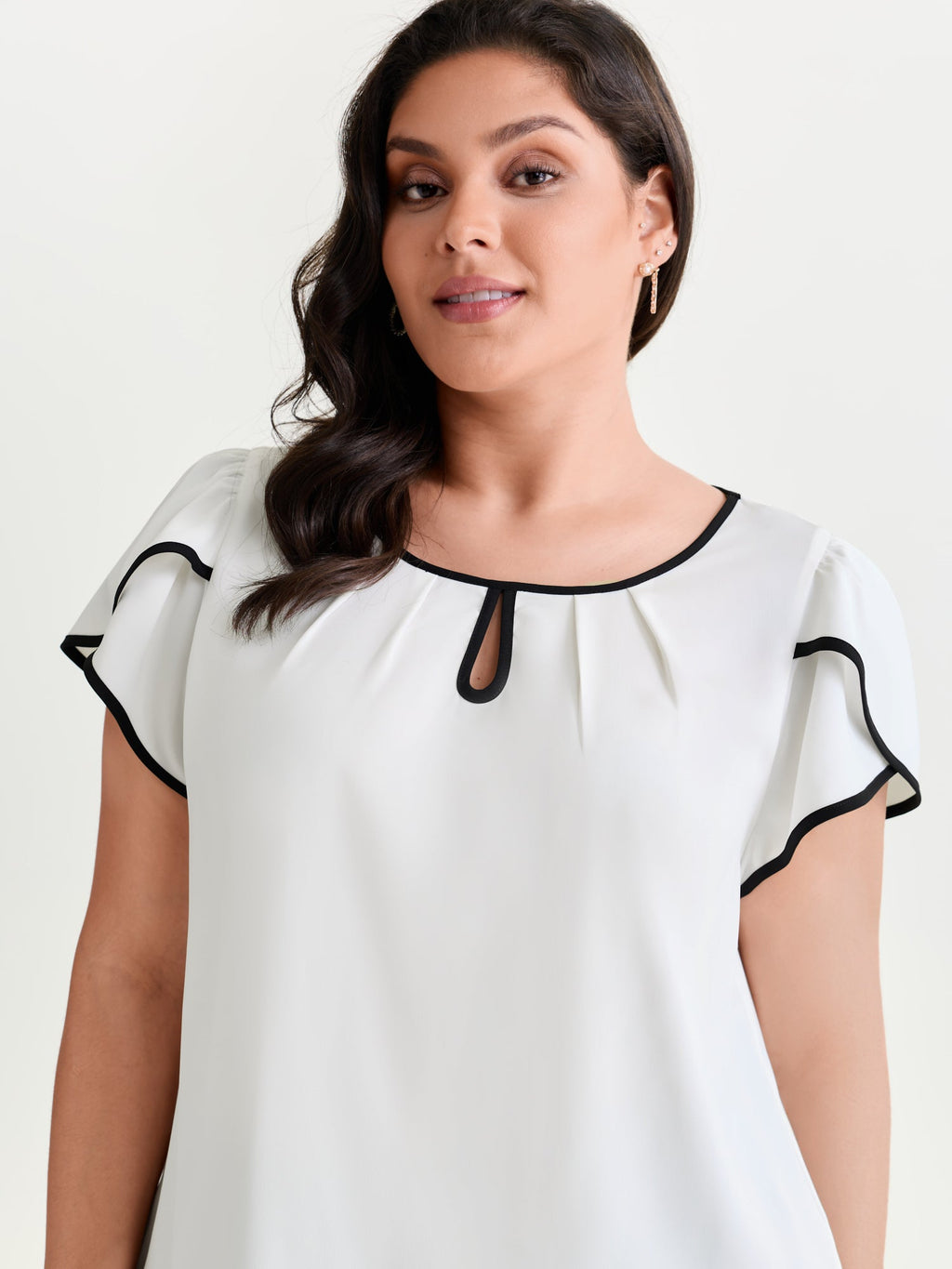 Petal Sleeve Color Contrast Plain Blouse