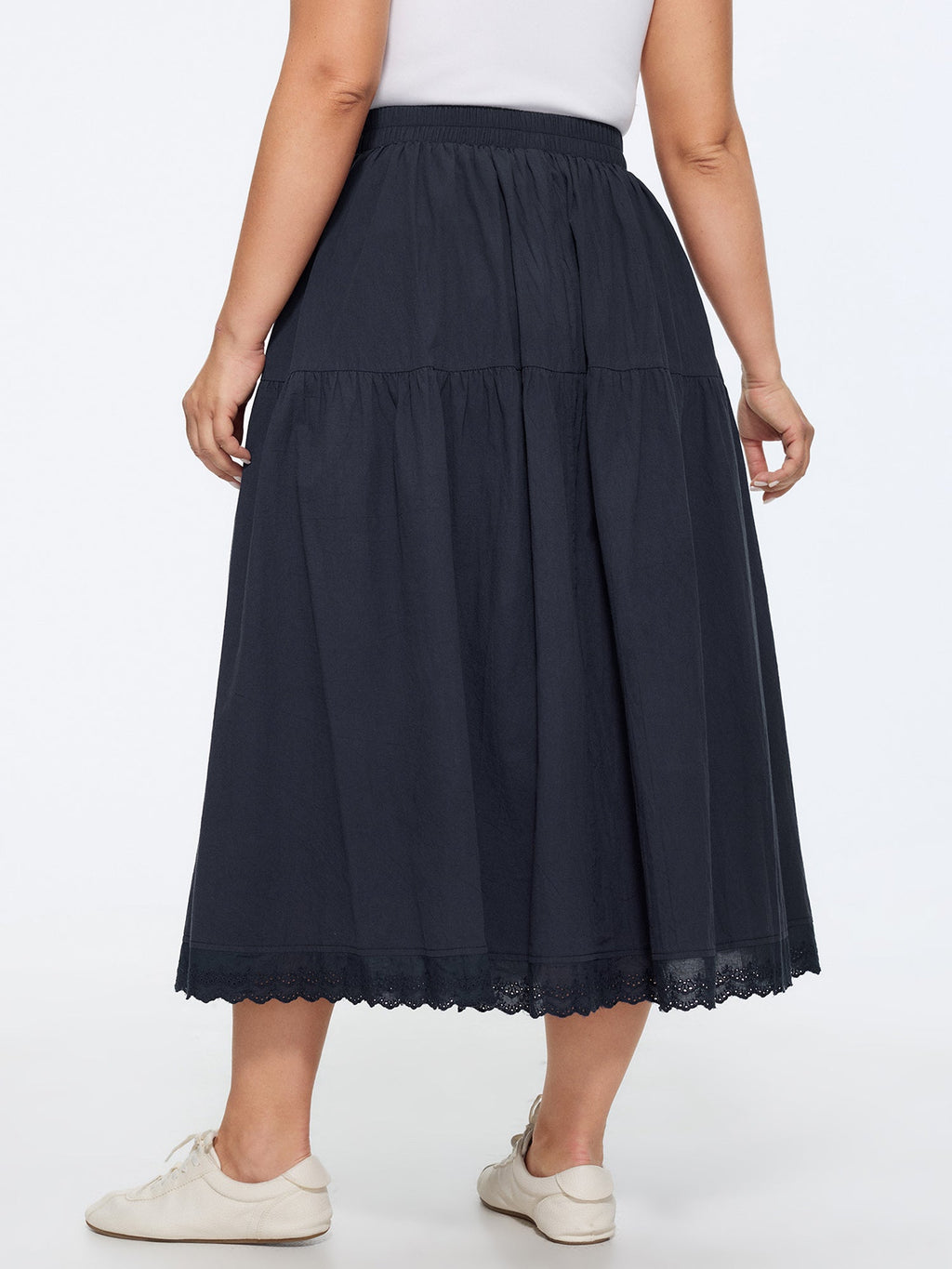 Cotton Lace Trim Tiered Flowy Maxi Skirt