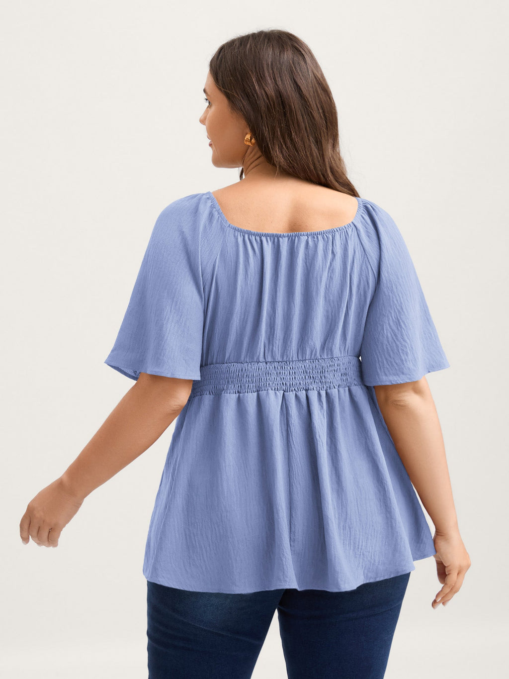Stretchy Neckline Waist-Cinched Solid Blouse