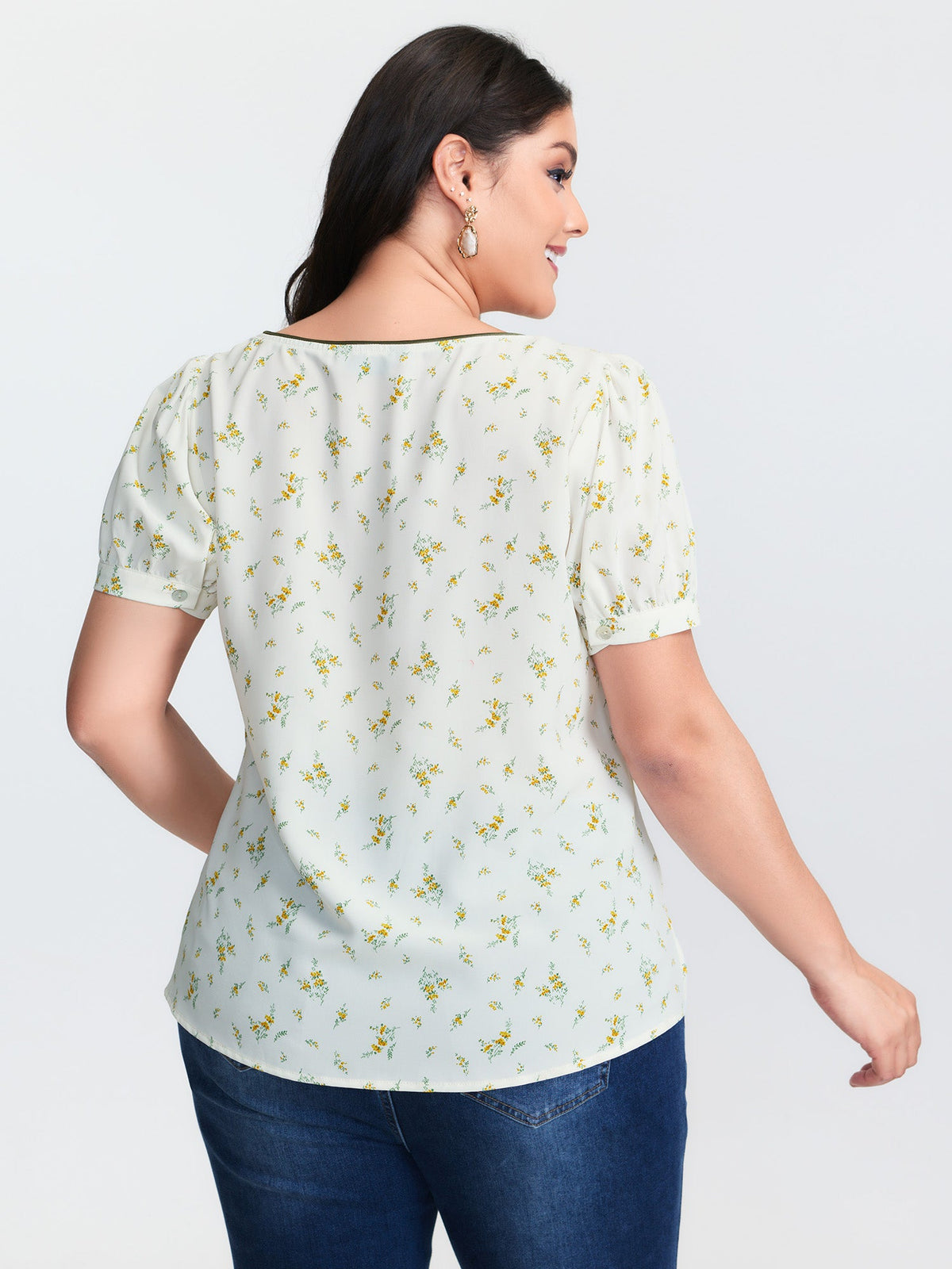 Floral Print Button Detail Color Contrast Blouse