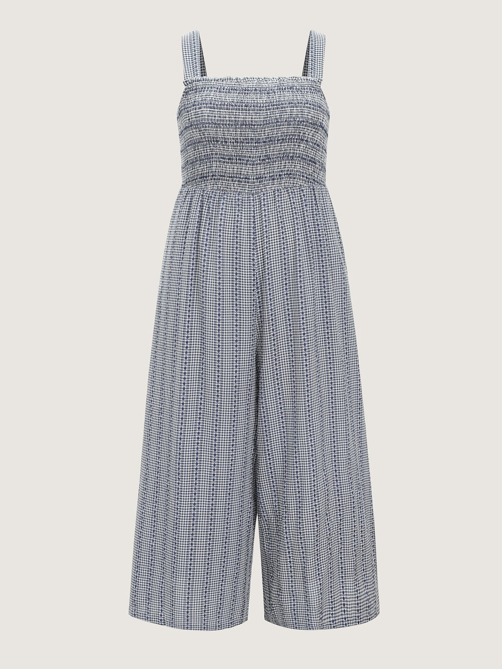 Striped Print Shirred Wide-Straps Jumpsuit
