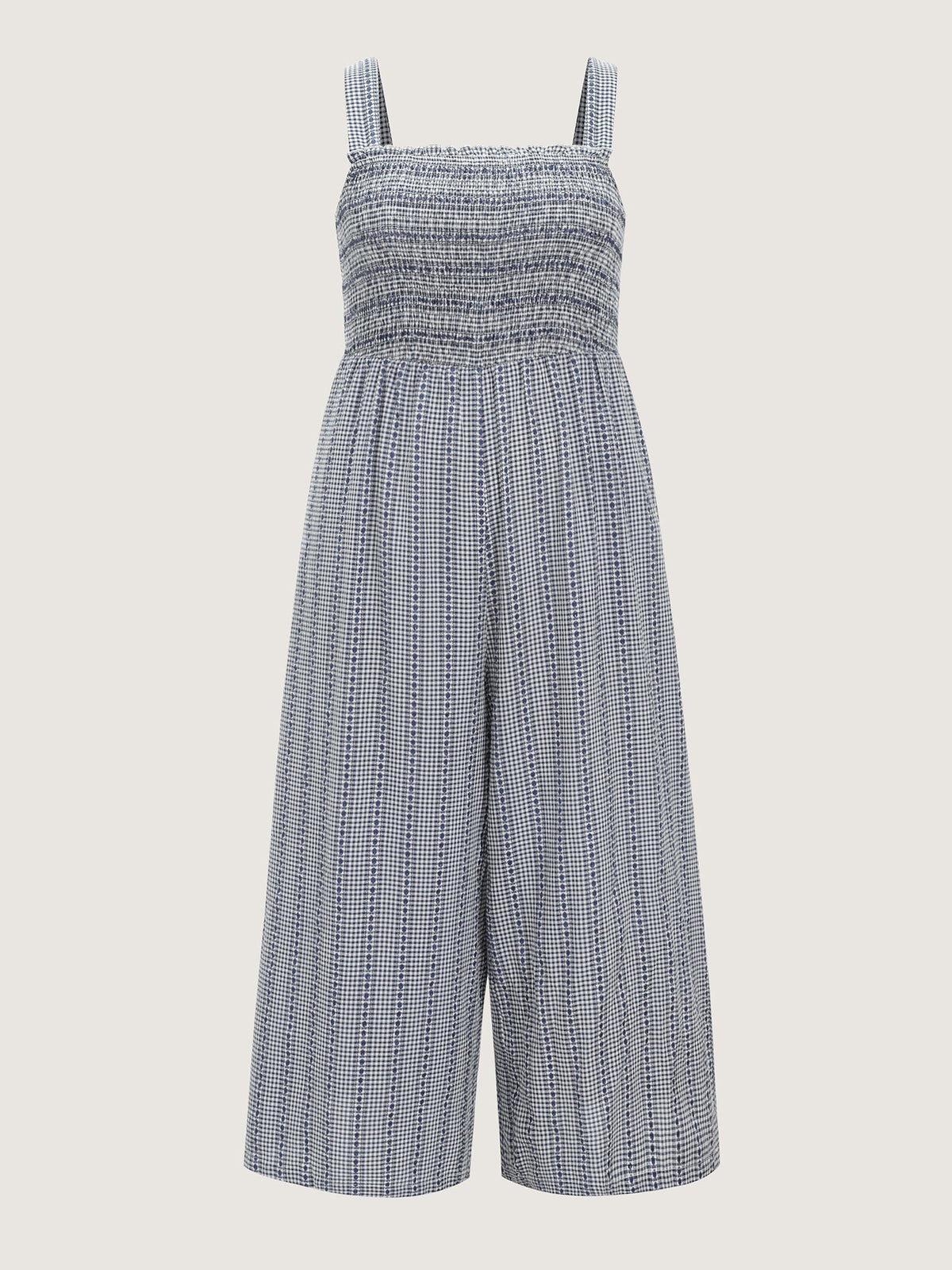 Striped Print Shirred Wide-Straps Jumpsuit