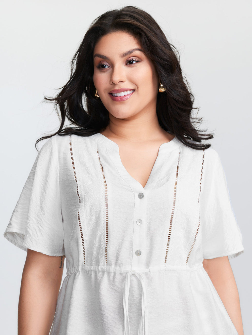 Lace Trim Drawstring Waist Plain Blouse