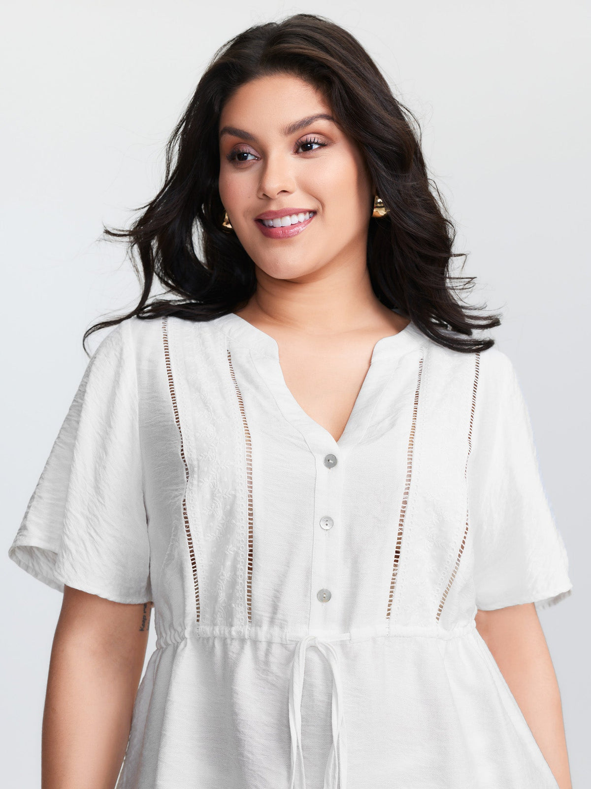 Lace Trim Drawstring Waist Plain Blouse