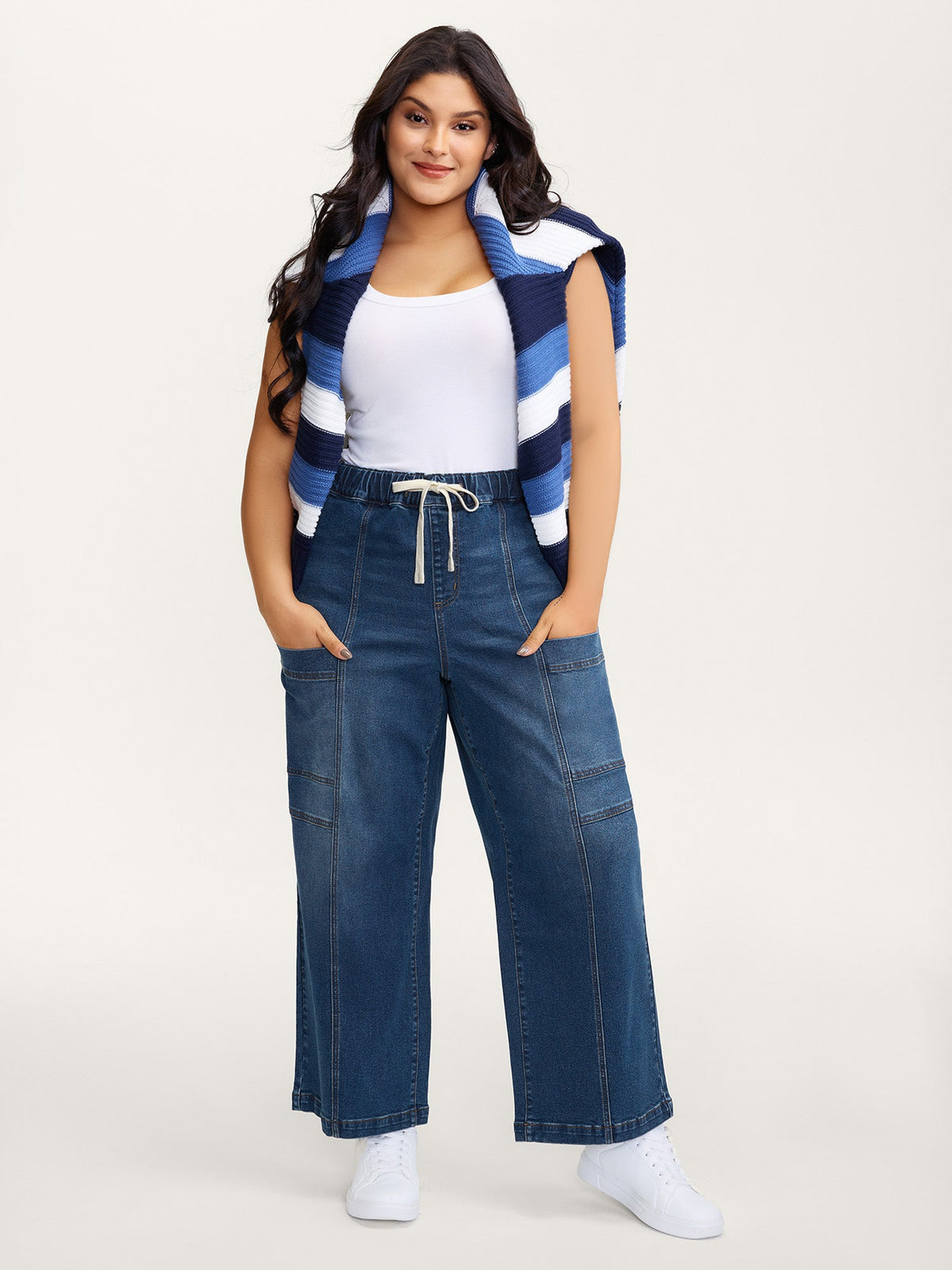 Pull-On Drawstring Straight-Leg Cargo Jeans