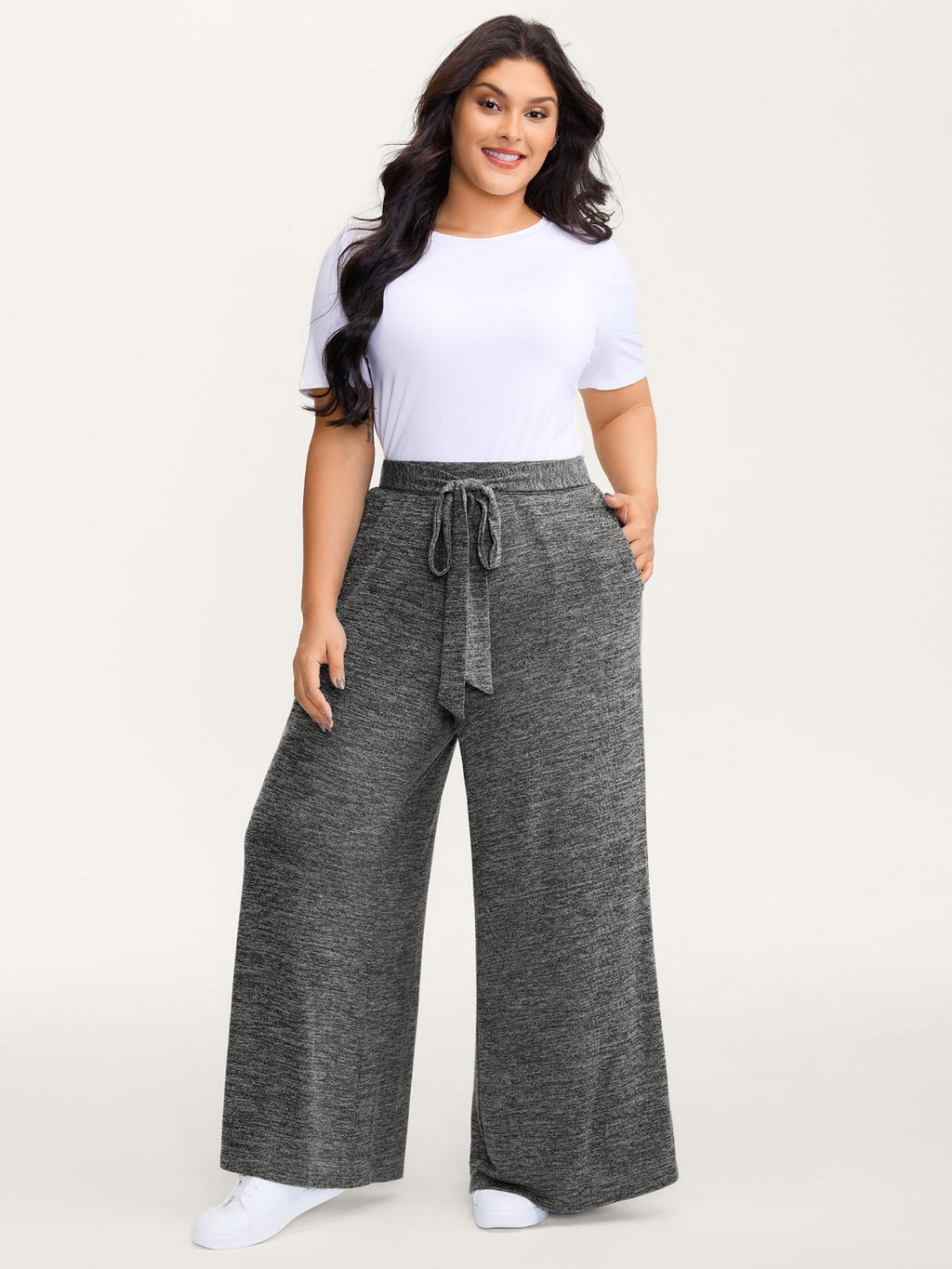 Stretchy Mixed-Color Belted Wide-Leg Pants