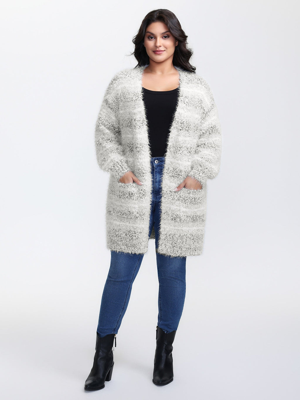 Plush Textured Striped Knit Cardigan